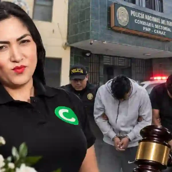 Composición sobre el crimen de La China Polo con foto de la candidata y sospechosos de sicariato detenidos frente a la comisaría de Caraz