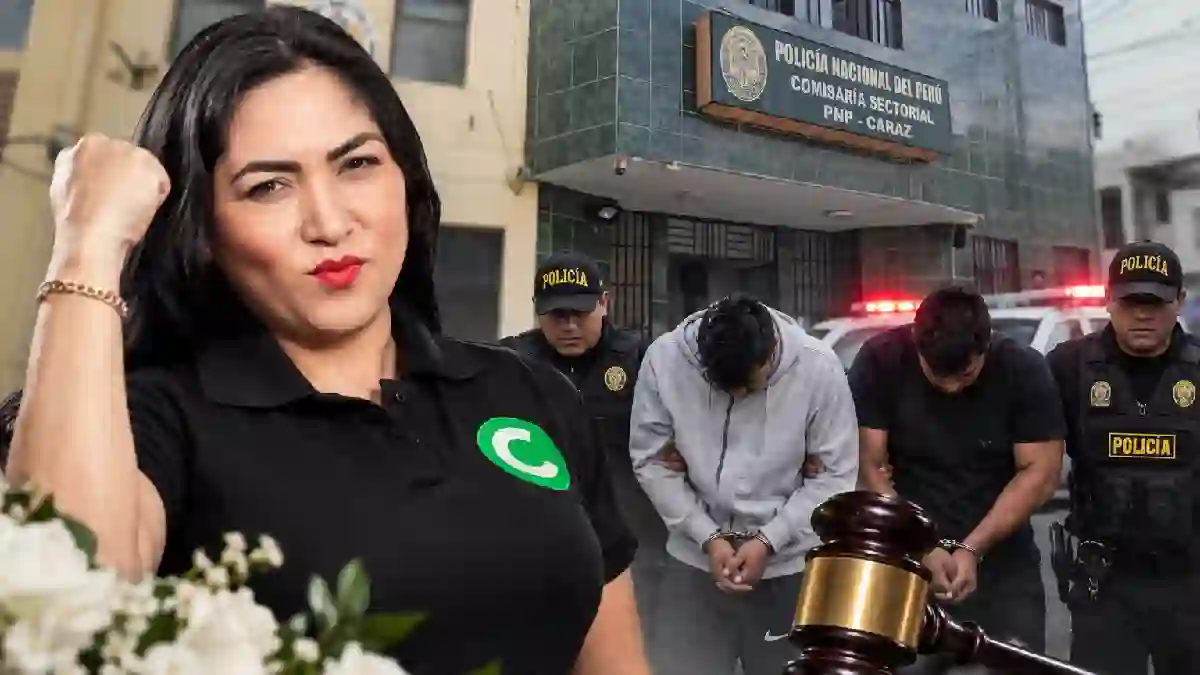 Composición sobre el crimen de La China Polo con foto de la candidata y sospechosos de sicariato detenidos frente a la comisaría de Caraz