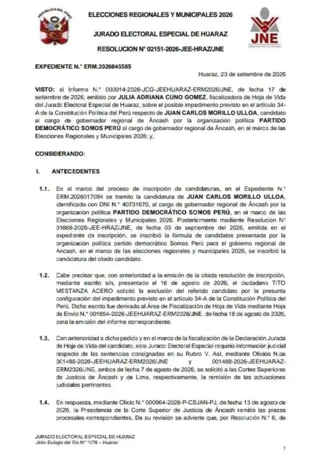 Primera página de la Resolución N° 02151-2026-JEE-HRAZ del Jurado Electoral Especial de Huaraz sobre la exclusión de Juan Carlos Morillo.
