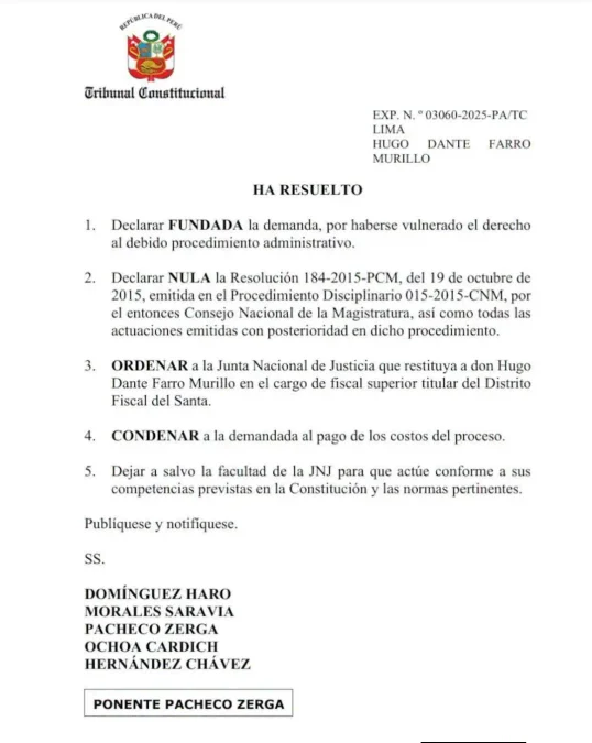 Resolución del TC sobre la restitución de Hugo Dante Farro