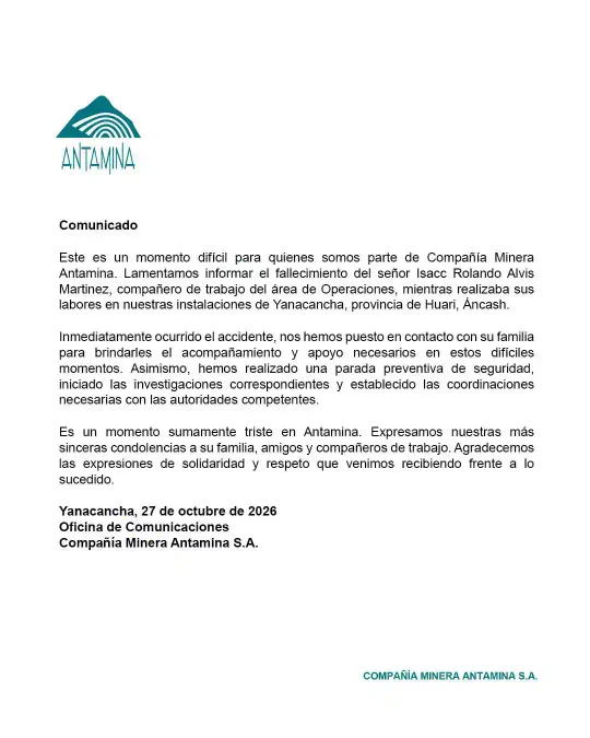 Comunicado oficial de la minera Antamina confirmando el fallecimiento de un trabajador y la suspensión de operaciones