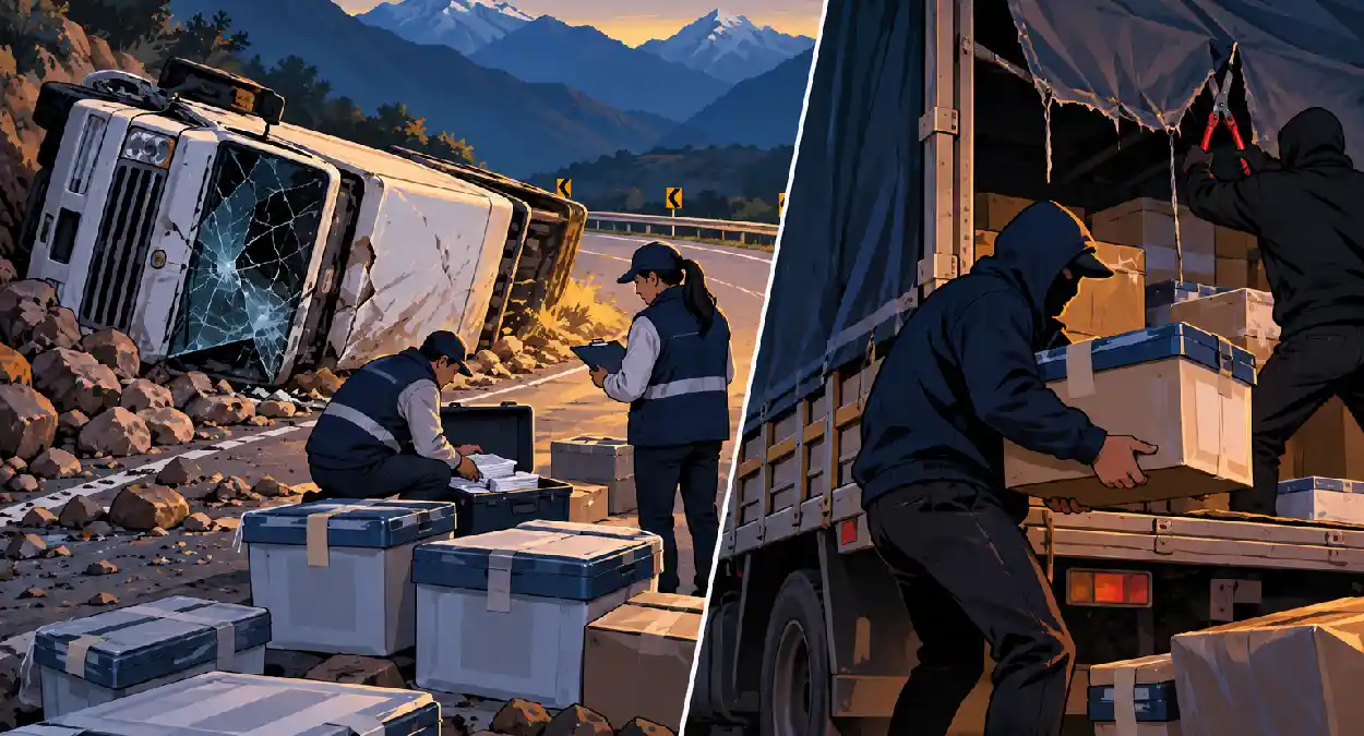 Composición digital que muestra el material electoral en Áncash tras un accidente en carretera y el robo de cédulas antes de las elecciones.