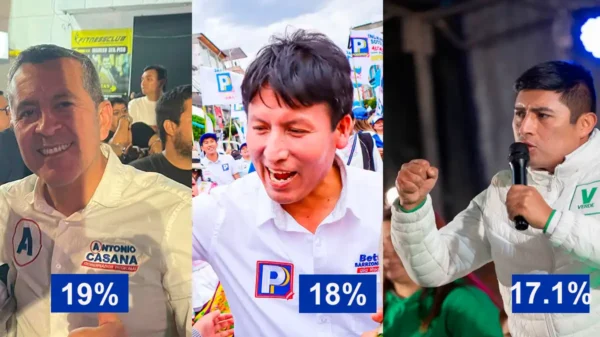 Infografía que muestra el empate técnico para la segunda vuelta en Áncash entre los candidatos Antonio Casana, Beto Barrionuevo y Enrique Ocrospoma con sus porcentajes de votos.